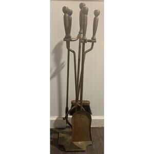 Vintage Mid Century Modern Long Handle Seymour Fire Place Tools Brass Set 4pc